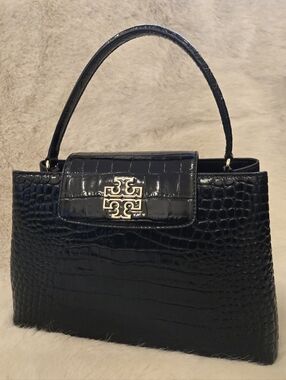 Tory Burch Black Croc Embossed Top Handle Bag w/ Crossbody Strap Gold Logo